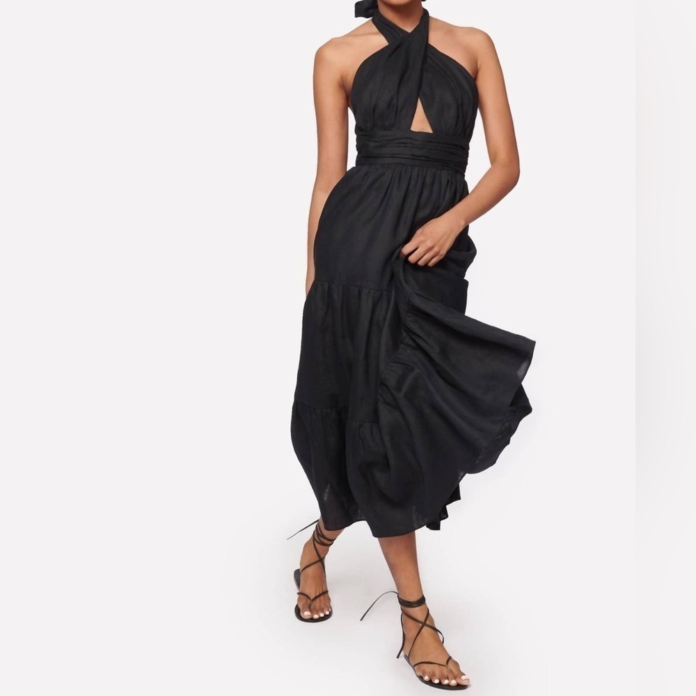CAMI NYC Elvita linen Dress black cut-out halter neck midi 2 NWT